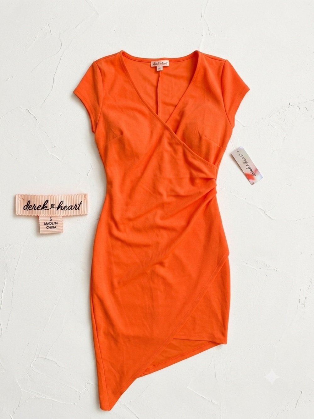 Derek Heart Bright Orange Asymmetrical Surplice Dress Small